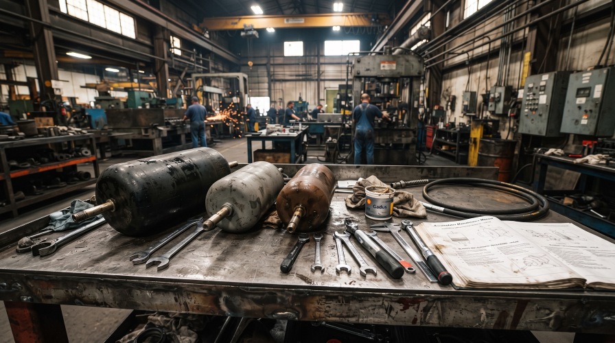 A realistic industrial accumulator workshop photo